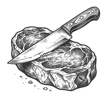 chef knife resting across a raw beef steak for butchery or cooking sketch engraving generative ai vector illustration. Scratch board imitation. Black and white image.