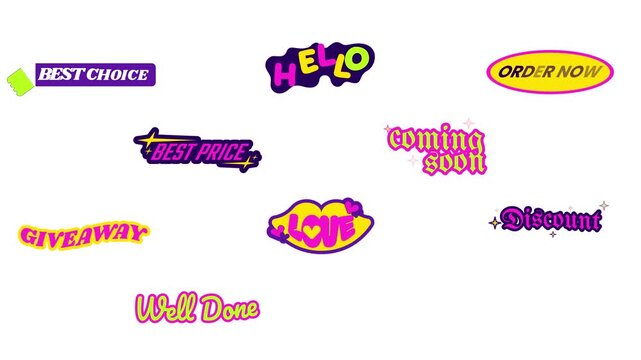 Y2K acid promo sticker pack animated loop. Neon sale giveaway. Retro pop aesthetic. Hype badges labels animation. Social media reels overlay collection. 4K video elements. Playful motion graphics