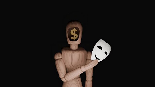 Money obsession and emotional emptiness animated symbolic mannequin concept