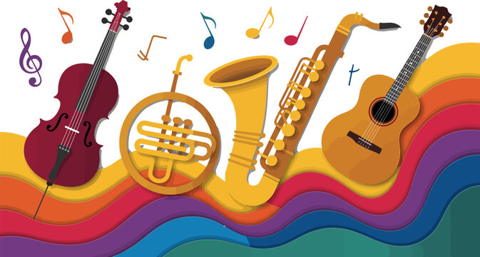 Harmonic Symphony: A vibrant ensemble of musical instruments, painted against a colorful background, creates a symphony of sound. 