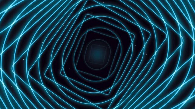 abstract neon geometric tunnel with glowing lines and spiral motion, futuristic digital vortex with luminous squares circles and optical geometry, 4k vj loops