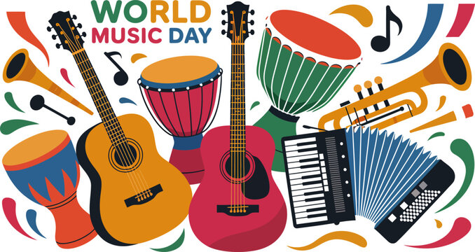Harmony of Instruments: A vibrant collection of musical instruments, a visual symphony, creating an artistic representation of World Music Day. A celebration of sound and rhythm.