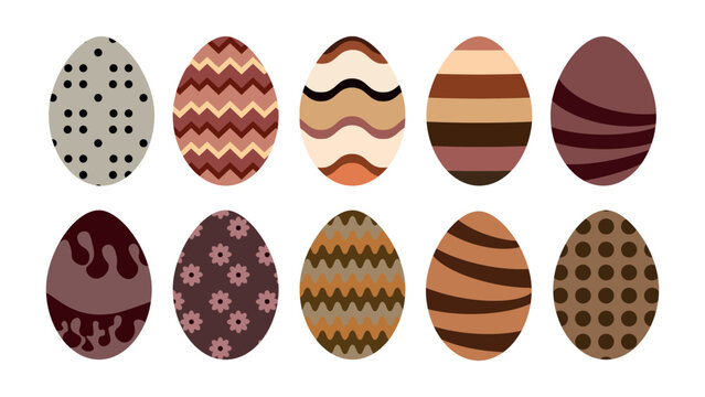 Chocolate easter egg set with earthy tone patterns including dots waves and flowers for gourmet candy shop branding vector illustration of festive brown dessert treats