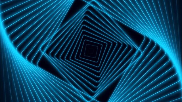 abstract neon geometric tunnel with glowing lines and spiral motion, futuristic digital vortex with luminous squares circles and optical geometry, 4k vj loops