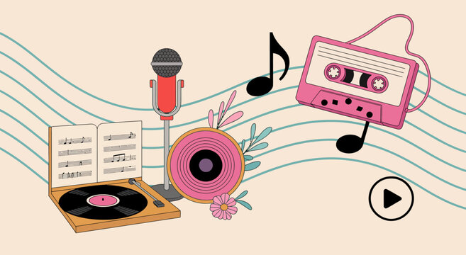 Harmony of Sound: A vintage collection, a symphony of music instruments and related symbols, each element harmonizing to create a nostalgic melody.