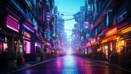 Obraz premium Futuristic Cyberpunk City Street at Night with Neon Lights.