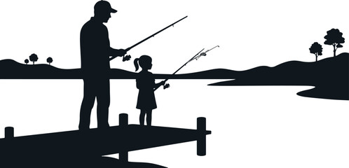 Adult teaching child fishing on a wooden bridge