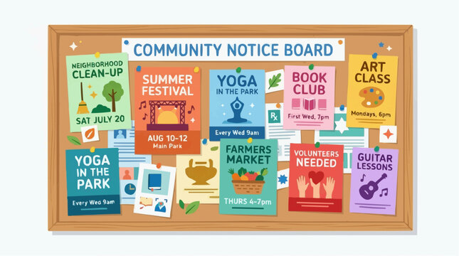 Community Notice Board with Various Event Flyers and Announcements vector style