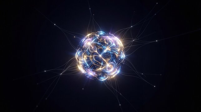 Glowing orb, neon connections, futuristic network, abstract technology