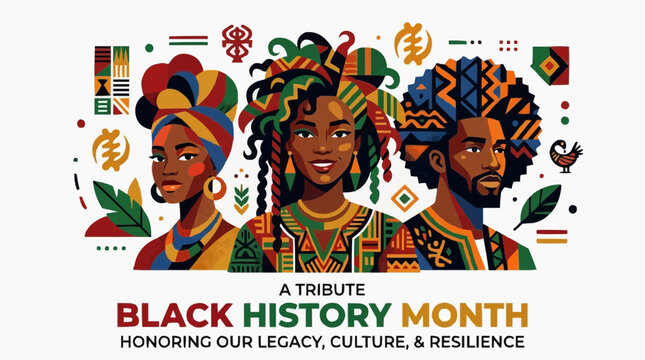 Black History Month illustration honoring legacy culture and resilience with diverse people and symbols vector style