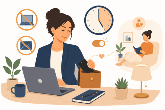 Professional setting boundaries at work with clear work-life separation, workplace boundaries and self-respect concept, flat illustration