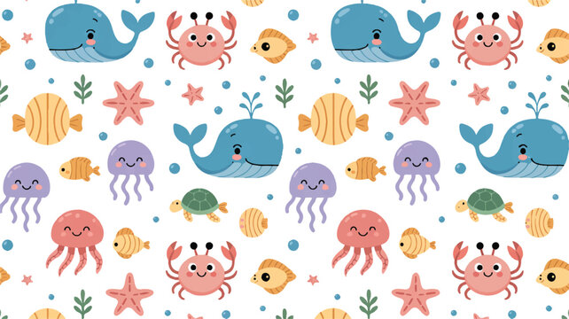 Cute cartoon sea creatures and fish on white background