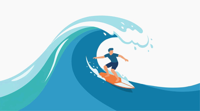 Surfer riding a big blue wave on a surfboard in the ocean water vector style