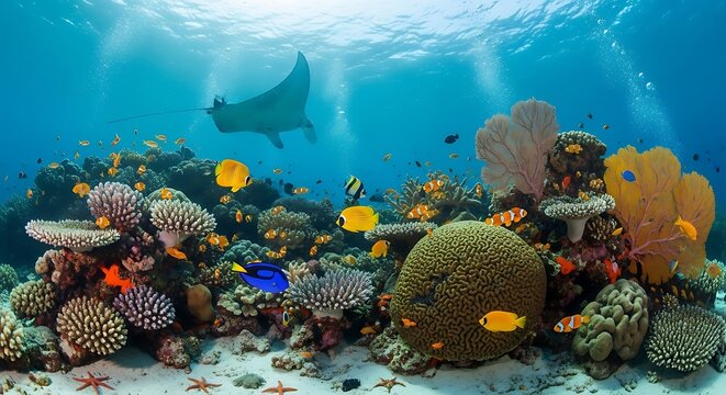 Vibrant Coral Reef with Tropical Fish and Manta Ray in Clear Blue Ocean