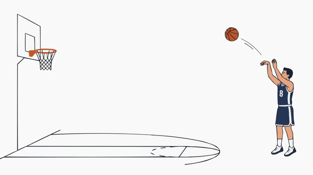 Basketball player shooting a ball towards the hoop on a court illustration vector style