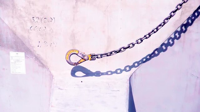 Metal chain with clevis hook being pulled upward casting shadow on wall
