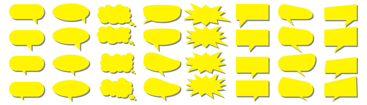 A set of chat box designs for comments on social media or comics in yellow on a white background. Vector designs of speech bubbles, text boxes, and conversational chat columns in comics.