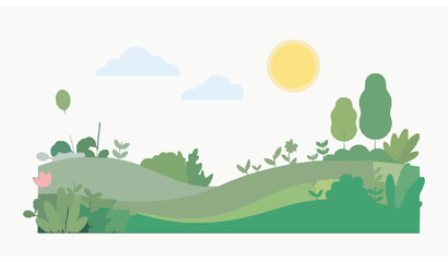 Fototapeta premium Minimal Nature Theme Vector Art with Plants Hills Clouds and Organic Landscape Design