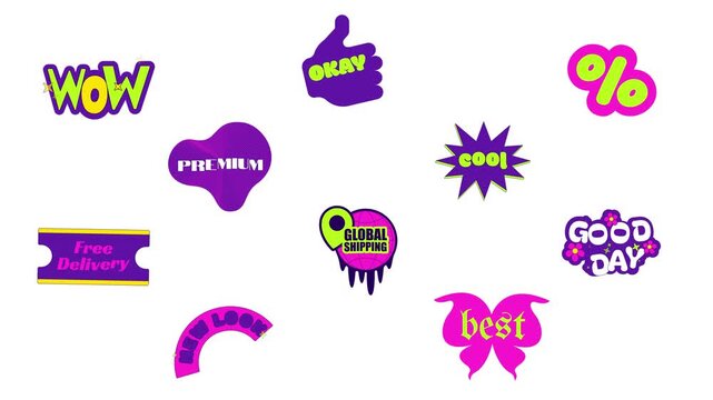 Acid Y2K e-commerce sticker pack animated loop. Free delivery. Global shipping. Good day. Badges labels animation. Social media reels overlay collection. 4K video elements. Playful motion graphics