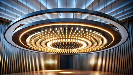 Fototapeta premium Futuristic Circular Light Fixture with Radiating Glow and Symmetrical Ambient Illumination in Modern Architectural Interior Design and High-Tech Sci-Fi Lighting Concept