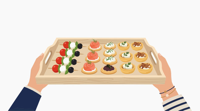 Hands holding a wooden tray with assorted appetizers and canapes vector style