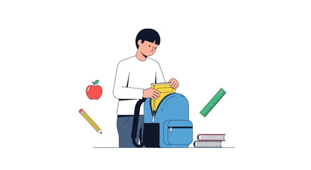 Fototapeta premium Back to school, student, boy with backpack, books, apple, education, stationery