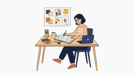 Fototapeta premium Creative designer working at desk with mood board and laptop vector style