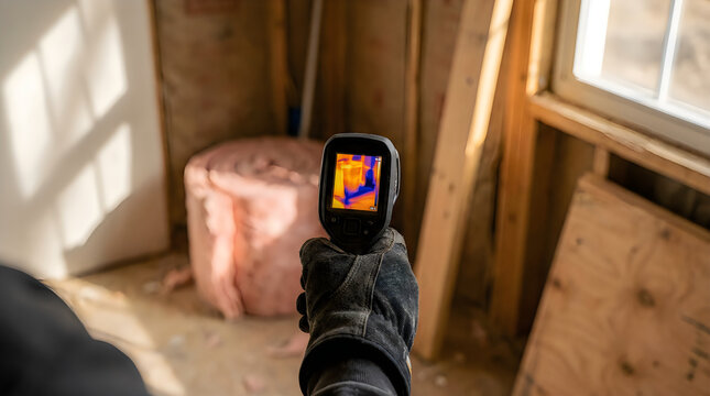 Worker using infrared thermography camera to scan building interior for energy leaks insulation gaps heat distribution patterns moisture intrusion during home performance assessment study.