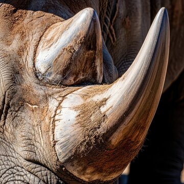 Detailed macro photograph focusing on the rough texture of thick, protective hide and keratin horn structure of a massive wild herbivore, power, rhinoceros, pachyderm