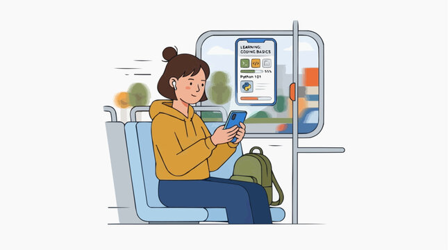 Young woman learning coding on her phone while commuting on public transport vector style