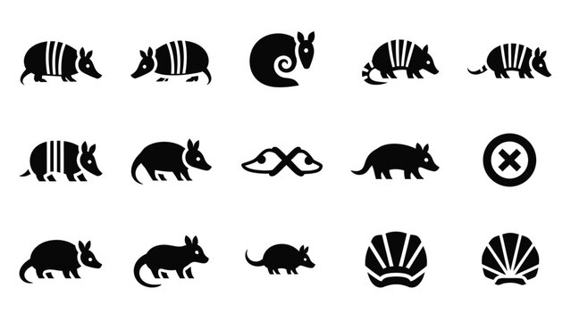 Graphic collection of armadillo icons in black silhouette style.