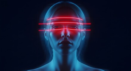 Obraz premium Cybernetic woman with glowing red laser visor. Virtual reality and artificial intelligence concept. Female face illuminated by digital light bars in dark tech environment