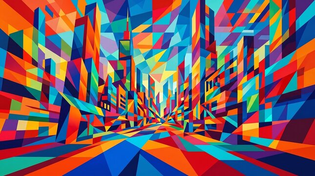 "Abstract cityscape bursts with angular geometry, vibrant orange and blue shards converge toward horizon, symbolizing urban energy, modern rhythm, and architectural harmony in motion."