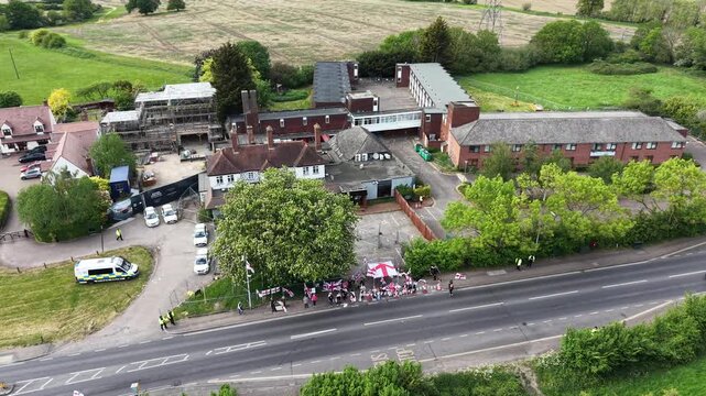 Asylum Seeker protest Bell hotel Epping UK drone aerial view