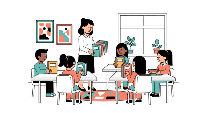 Colorful classroom illustration, kids learning, educational setting, teacher and students vector