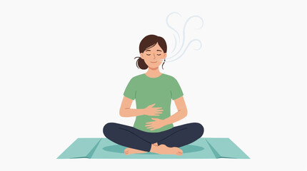 Woman meditating and breathing deeply on a yoga mat with eyes closed and hands on stomach vector style