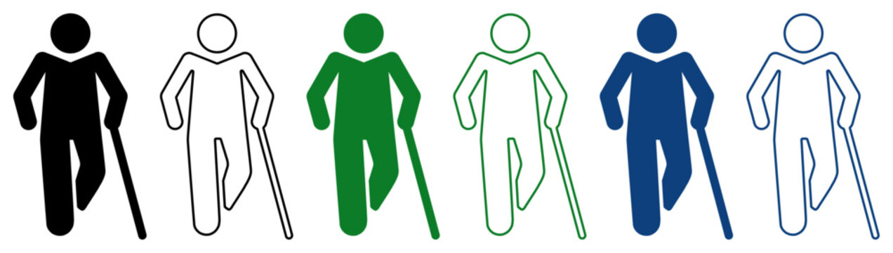 Person with a mobility impairment icon set in black, blue and green, outlined and filled, accessibility symbol. Ideal for accessibility, mobility assistance, or disability support design.