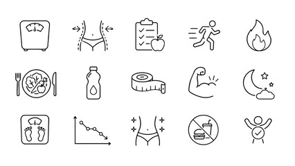 Fototapeta premium 16 Fitness Healthy Lifestyle Line Icons Set – Gym, Workout, Diet, Wellness, Sports Editable Vector Illustration
