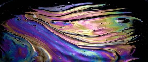 Naklejka premium A mesmerizing display of swirling oil on the water's surface, creating a vibrant kaleidoscope of colors. The image captures the natural phenomenon.