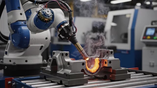 Advanced robotic arm precisely applies molten metal fusion for intricate component fabrication within an automated industrial manufacturing facility showcasing technological progress