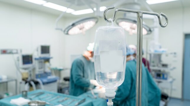 An intimate glimpse inside an operating room, where surgical precision meets the latest technological advancements in healthcare. The focal point is on the saline bag.