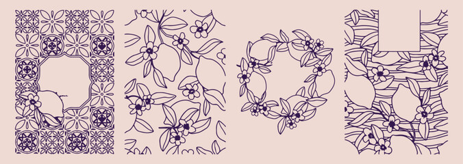 Wreath of flower and berry, elegant botanical circle frame set, delicate wildflower wreath graphics, aesthetic nature border design art, spring bloom and berry vectors, minimalist floral wreath illust © Geetaroy
