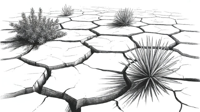 parched earth with cracks and dry plants growing  drought landscape