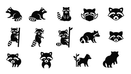 Obraz premium Black silhouette icon set of raccoons in multiple poses and styles.
