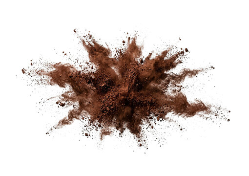 Rich brown cocoa powder exploding in mid-air, fine texture, natural lighting isolated on a transparent background