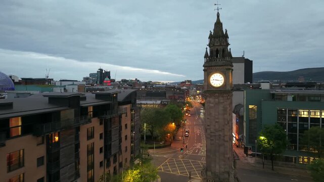4K 60FPS aerial of the Albert Clock in Belfast City Centre at night. Produced in 3840x2160 and with Rec709 color.