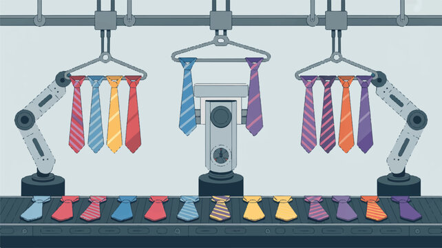 Robotic arms hanging and placing colorful ties on a conveyor belt in a factory setting
