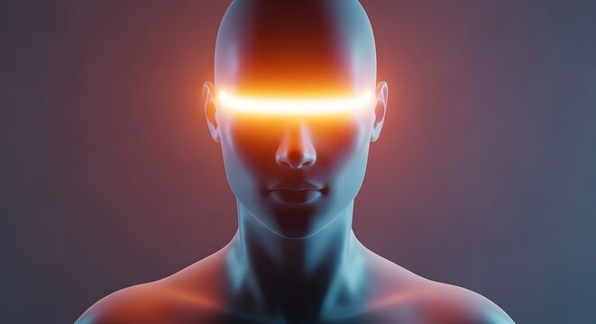 Cyborg face and robotic human interface. Augmented reality and biotechnology. Front view of a 3D digital human head with a glowing horizontal laser light across the eyes