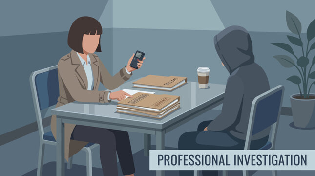 Professional female investigator interviewing a suspect.