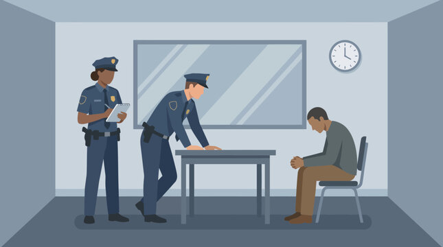 Police officers interrogating a suspect in a jail cell.